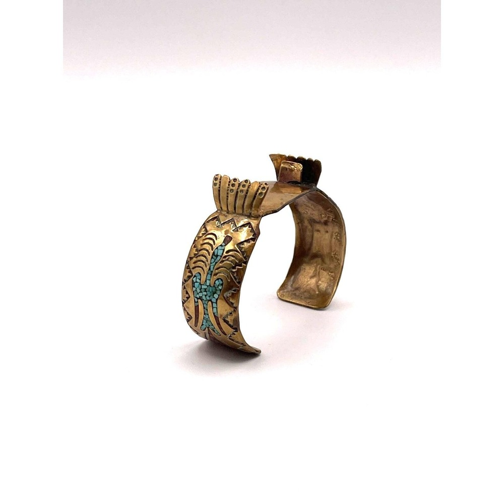 Delvin Nelson DJN Navajo Turquoise, Coral Chip Inlay Brass Watch Cuff Bracelet